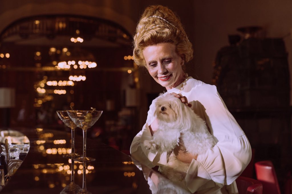 woman in white long sleeve shirt holding white long coated small dog